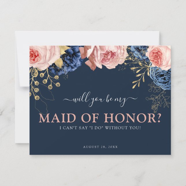 Pink & Navy Floral | Will You Be My Maid of Honor? (Front)