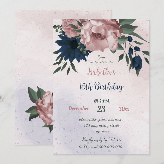 pink & navy flowers botanical birthday  invitation (Front/Back)