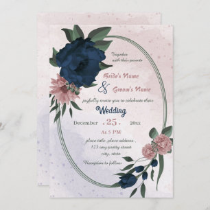 pink & navy flowers botanical geometric wedding invitation