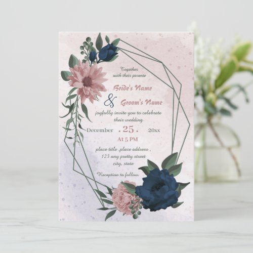 pink  navy flowers botanical geometric wedding  invitation