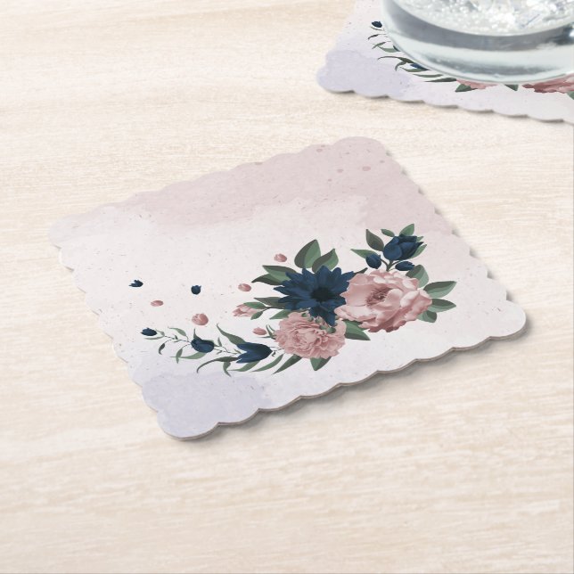 pink & navy flowers botanical paper coaster (Angled)