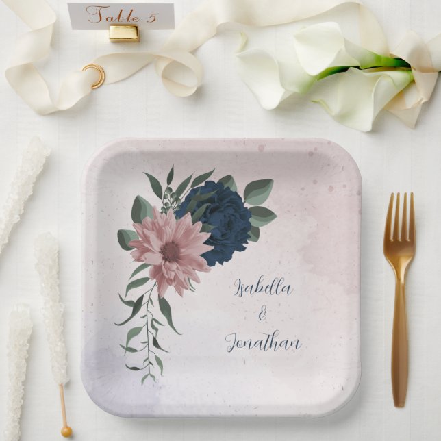 pink & navy flowers botanical paper plates (Wedding)