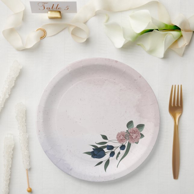 pink & navy flowers botanical paper plates (Wedding)