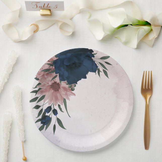 pink & navy flowers botanical paper plates (Wedding)