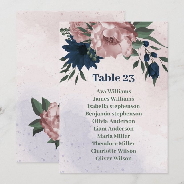 pink & navy flowers botanical seating chart card (Front/Back)