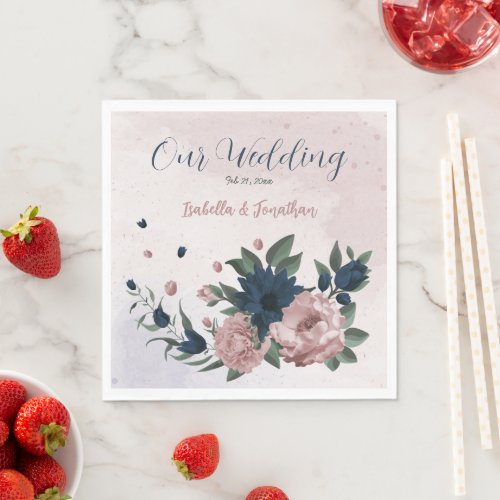 pink  navy flowers botanical wedding napkins