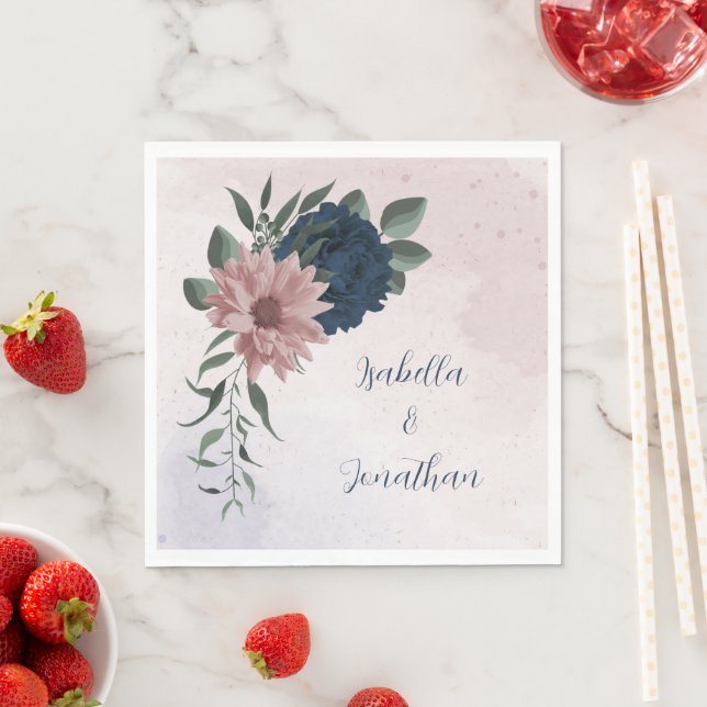 pink & navy flowers botanical wedding napkins (Insitu)