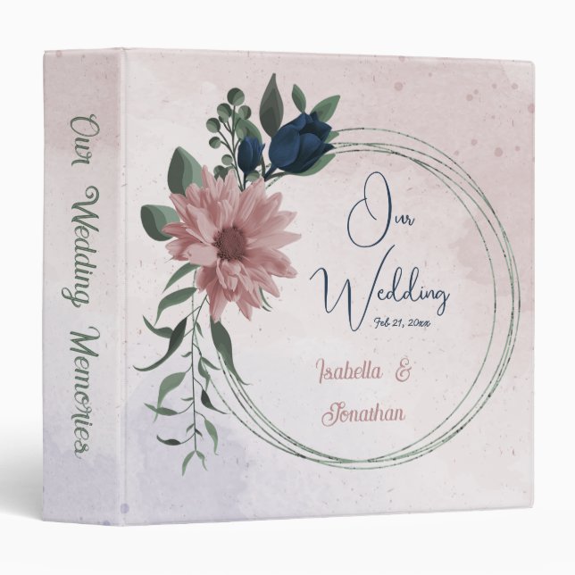 pink & navy flowers botanical wedding photo album 3 ring binder (Front/Spine)