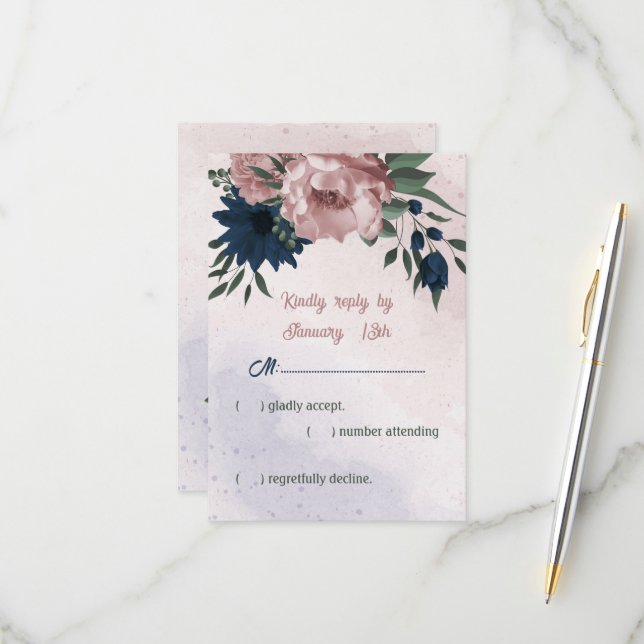 pink & navy flowers botanical wedding  RSVP card (Front/Back In Situ)