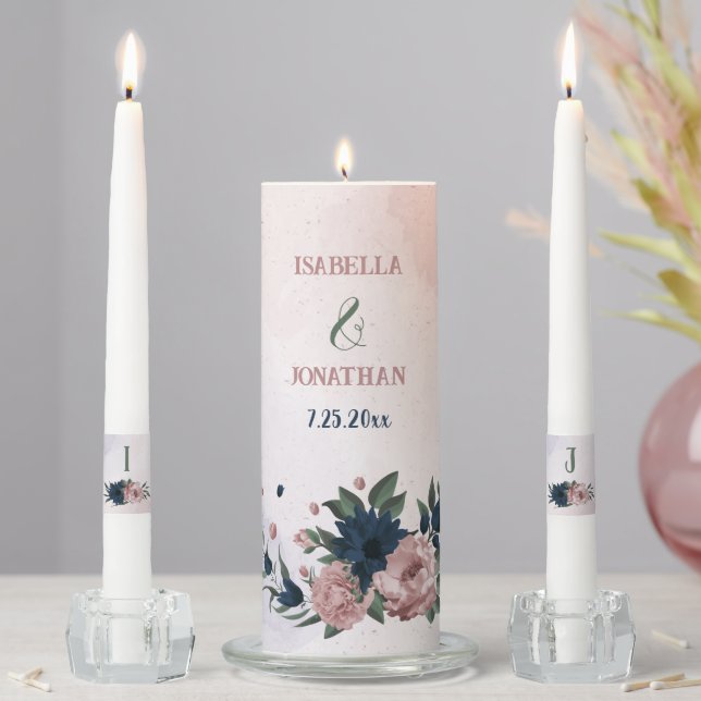 pink & navy flowers botanical wedding unity candle set (In Situ)
