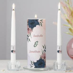 pink & navy flowers botanical wedding unity candle set