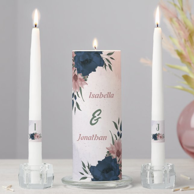 pink & navy flowers botanical wedding unity candle set (In Situ)