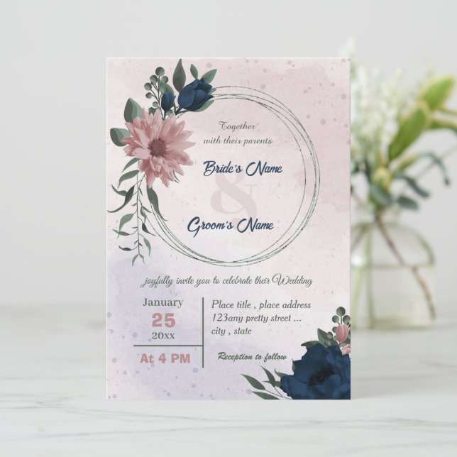 pink & navy flowers botanical wreath wedding  invitation (Standing Front)