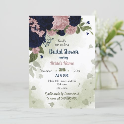 pink navy flowers greenery bridal shower invitation