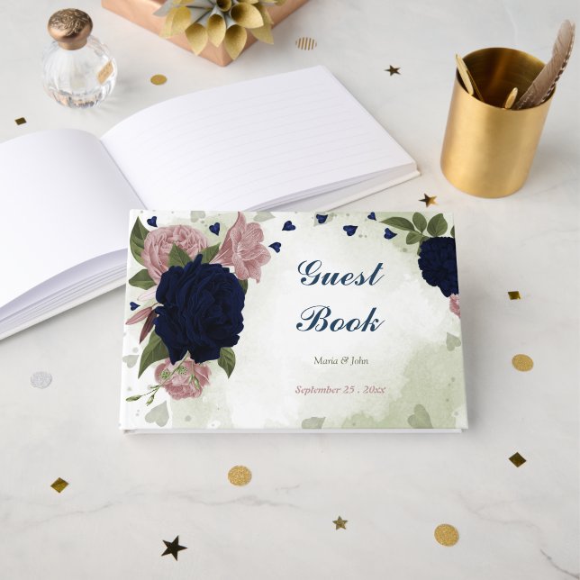 pink & navy flowers greenery guest book (Front Open)