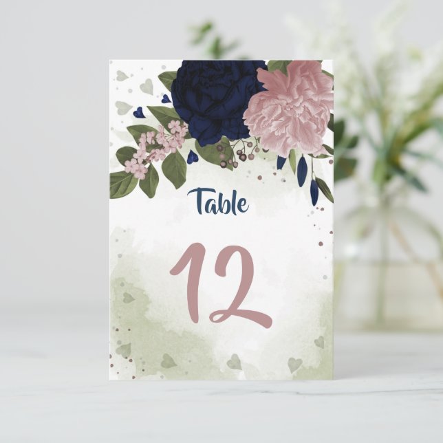 pink & navy flowers greenery table number (Standing Front)