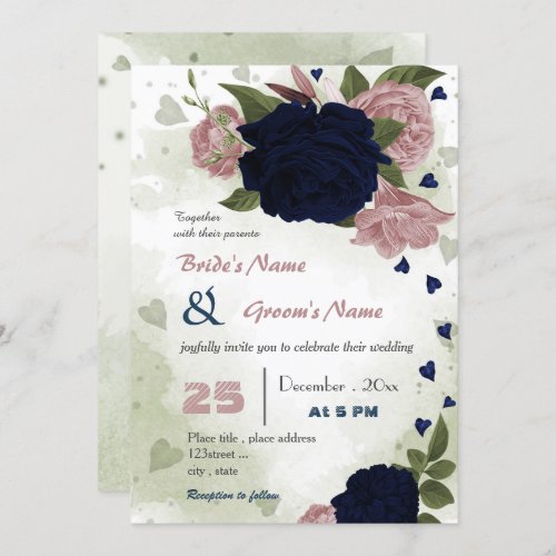 pink navy flowers greenery wedding  invitation