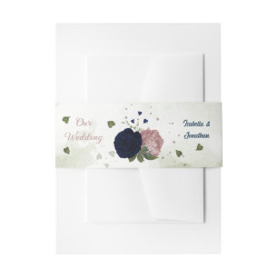 pink navy flowers greenery wedding  invitation belly band