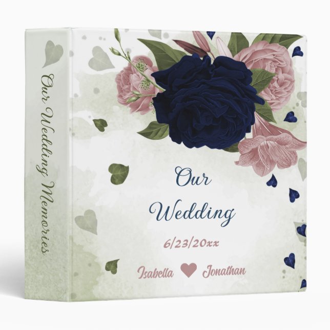 pink navy flowers greenery wedding photo album 3 ring binder (Front/Spine)