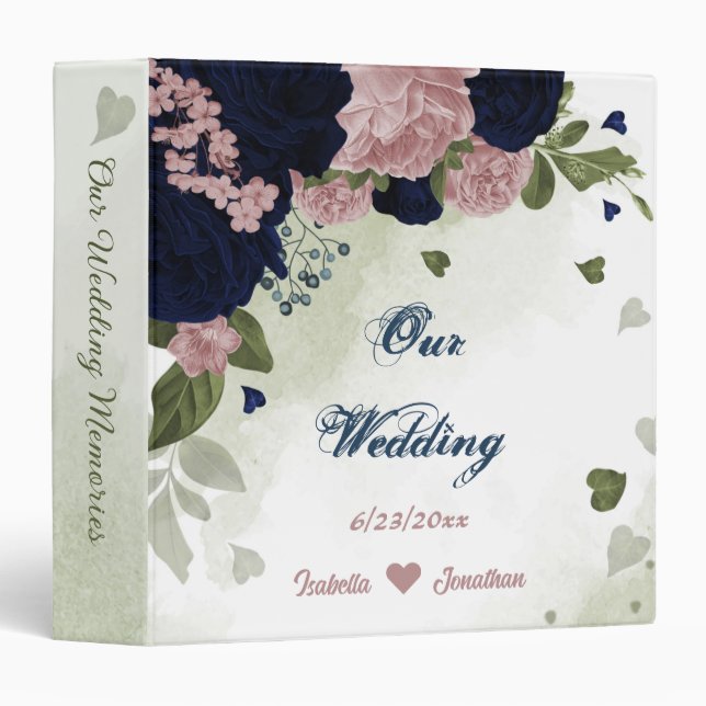 pink navy flowers greenery wedding photo album 3 ring binder (Front/Spine)