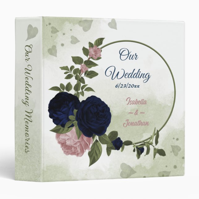 pink navy flowers greenery wedding photo album 3 ring binder (Front/Spine)