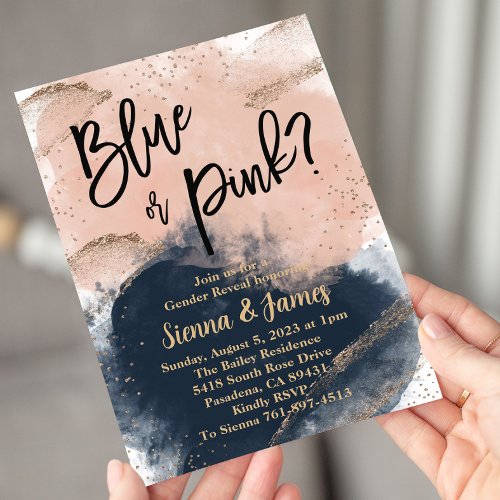 Pink  Navy Gender Reveal Watercolor Gold Invitation