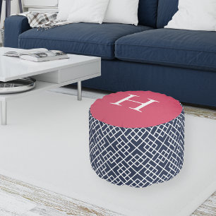 Pink & Navy Geometric Bamboo Monogram Pouf