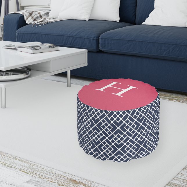 Pink & Navy Geometric Bamboo Monogram Pouf (Creator Uploaded)