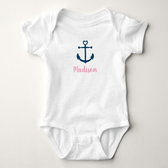 Pink Navy Girl Nautical Anchor Baby Bodysuit (Front)