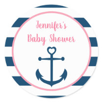 Pink Navy Girl Nautical Anchor Baby Shower Classic Round Sticker