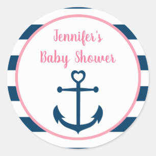 Pink Navy Girl Nautical Anchor Baby Shower Classic Round Sticker