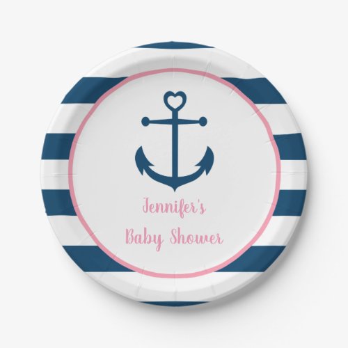 Pink Navy Girl Nautical Anchor Baby Shower Paper Plates