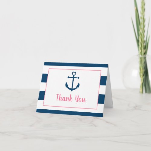 Pink Navy Girl Nautical Anchor Baby Shower Thank You Card