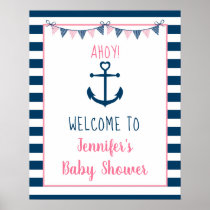 Pink Navy Girl Nautical Anchor Baby Shower Welcome Poster
