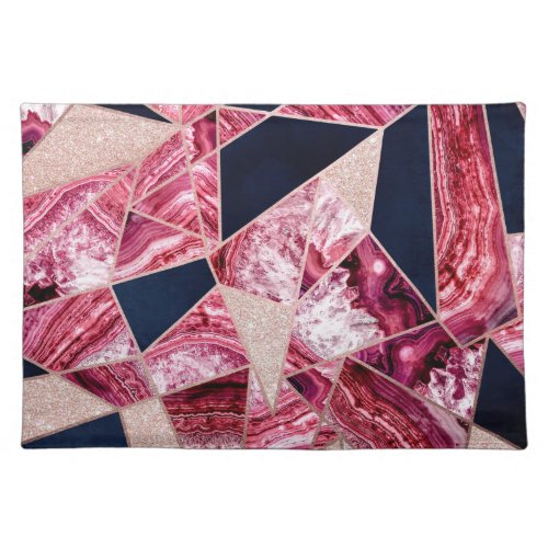 Pink Navy Glitter Agate Foil Geometric Triangles Cloth Placemat