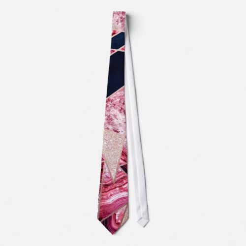 Pink Navy Glitter Agate Foil Geometric Triangles Neck Tie
