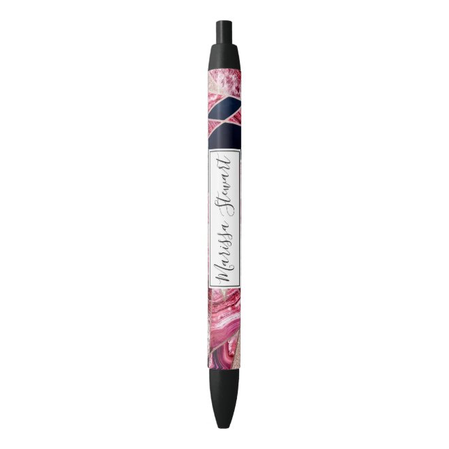 Pink Navy Glitter Agate Foil Geometric Triangles Pen (Front Vertical)