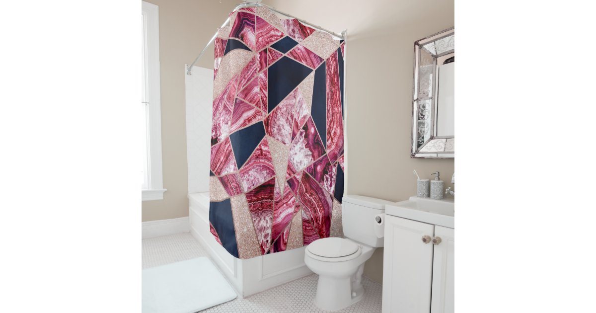 Pink Navy Glitter Agate Foil Geometric, Pink Geometric Shower Curtain