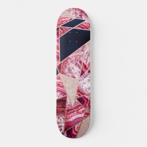 Pink Navy Glitter Agate Foil Geometric Triangles Skateboard