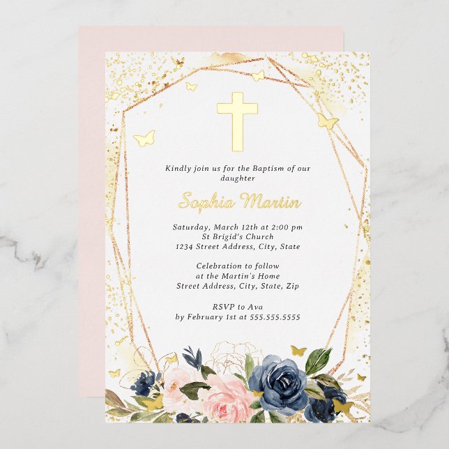 Pink Navy Gold Cross Floral Girl Baptism  Foil Invitation (Front/Back)