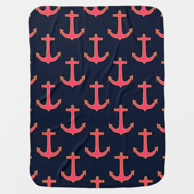 Pink Navy Gold Nautical Anchor Baby Blanket (Front)