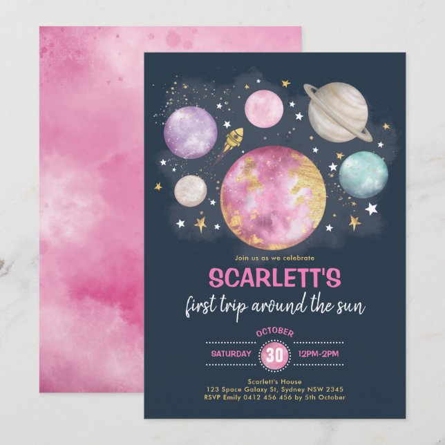 Pink Navy Gold Outer Space Galaxy Girl Birthday Invitation (Front/Back)