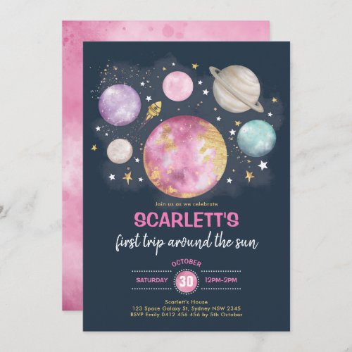Pink Navy Gold Outer Space Galaxy Girl Birthday Invitation