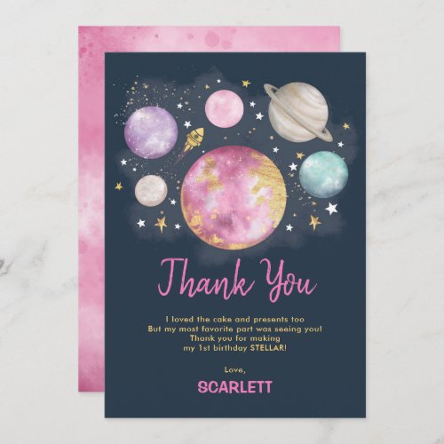 Pink Navy Gold Outer Space Galaxy Girl Birthday Thank You Card