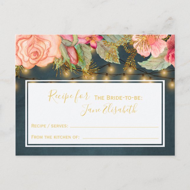 Pink navy gold romantic bride to be recipe card (Front)