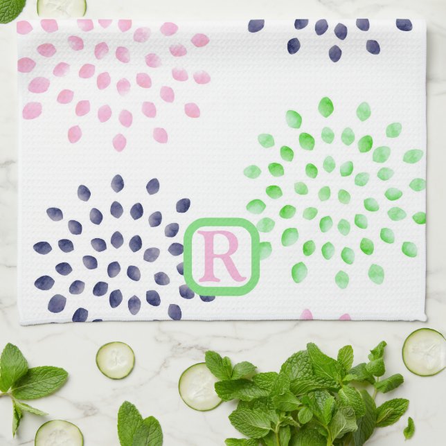 Pink Navy Green Flower Pattern Watercolor Monogram Kitchen Towel (Folded)