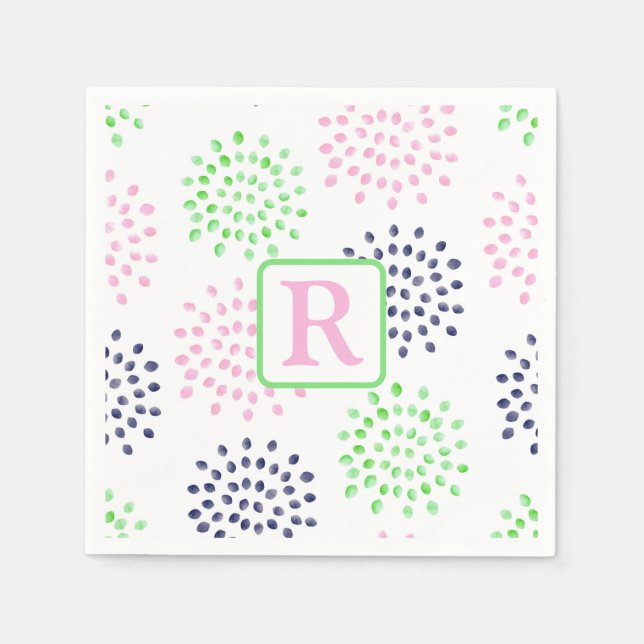 Pink Navy Green Flower Pattern Watercolor Monogram Napkins (Front)