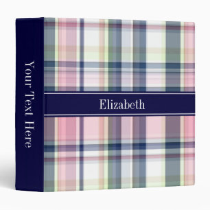 Pink Navy Green White Preppy Madras N Monogram 3 Ring Binder