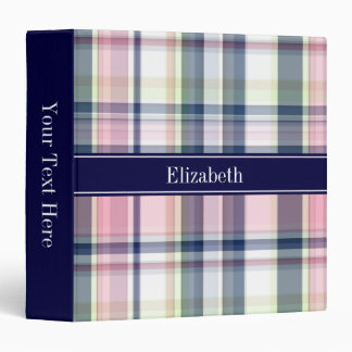 Pink Navy Green White Preppy Madras N Monogram 3 Ring Binder
