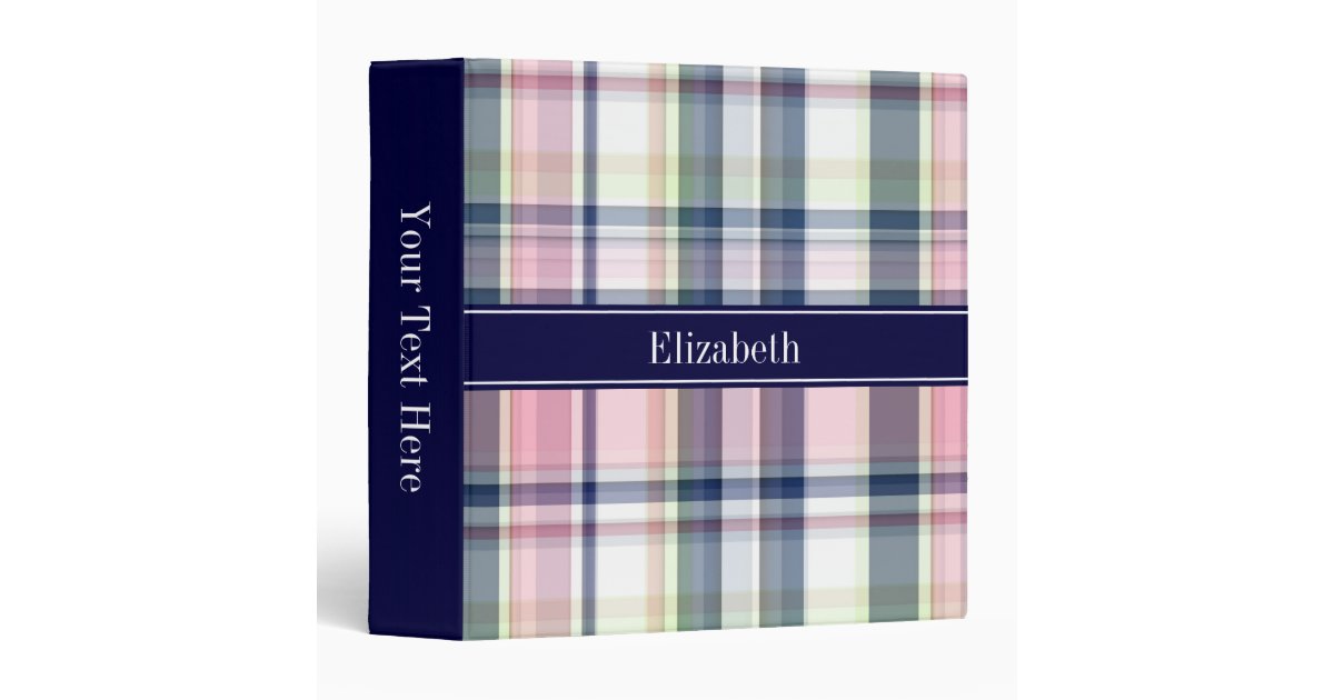 Pink Navy Green White Preppy Madras N Monogram 3 Ring Binder | Zazzle